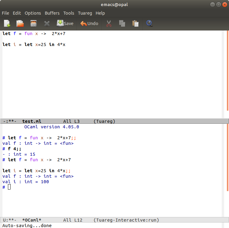 Capture d'écran montrant Emacs ouvert avec un fichier .ml en mode Tuareg et Ocaml en Tuareg-interactive:run.